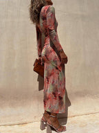 Tie-Dye Mesh Long-Sleeve Midi Dress with Ruched Details