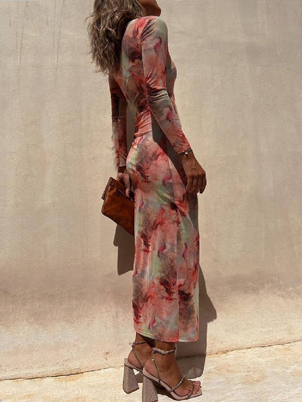 Tie-Dye Mesh Long-Sleeve Midi Dress with Ruched Details