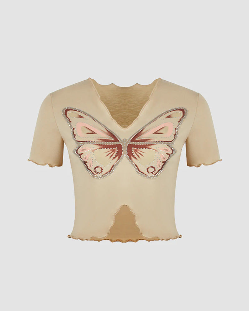 Cropped Retro T-Shirt with Butterfly Details