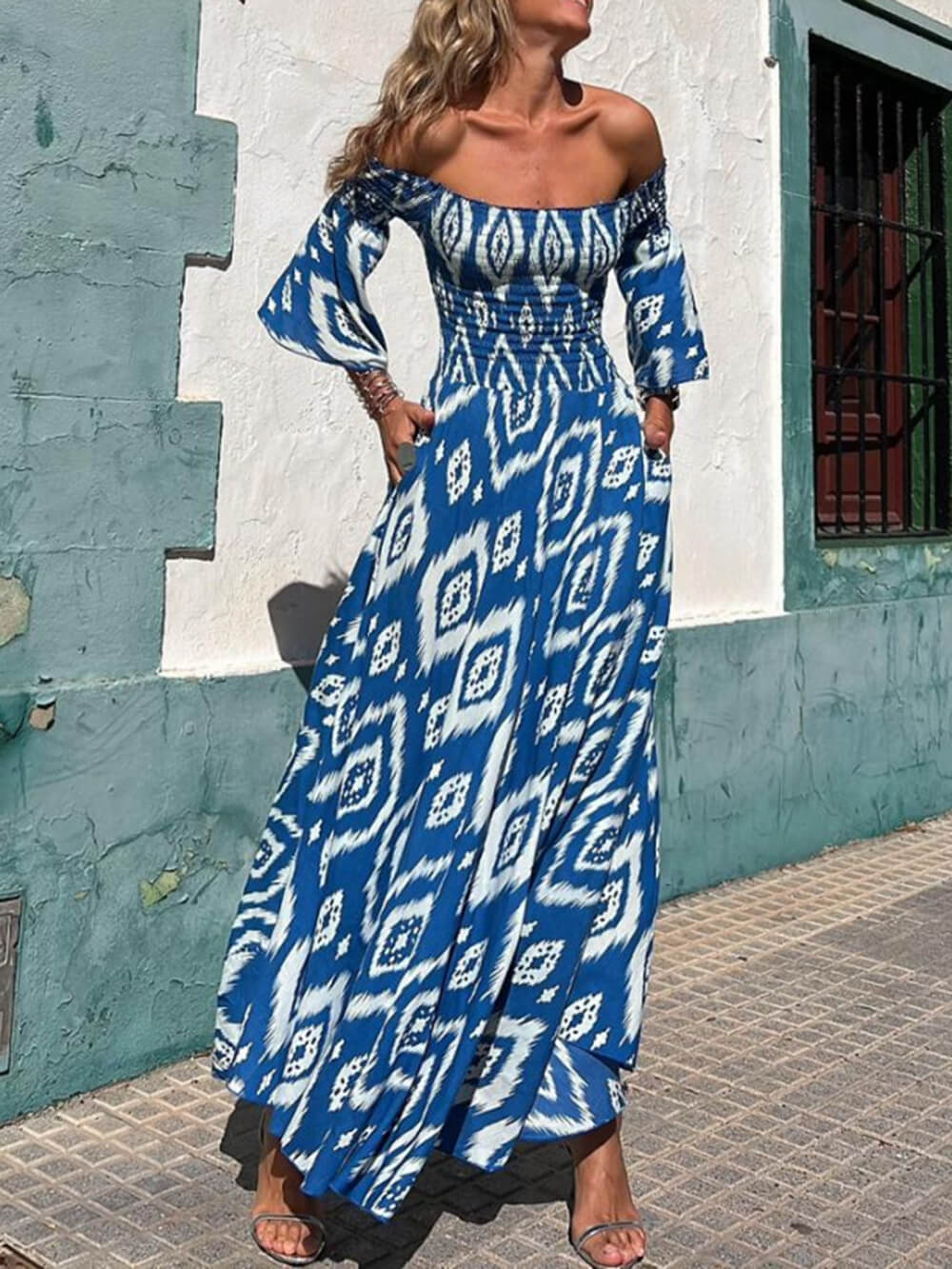 Printed Smocked Maxi Dress with an Off-Shoulder Neck