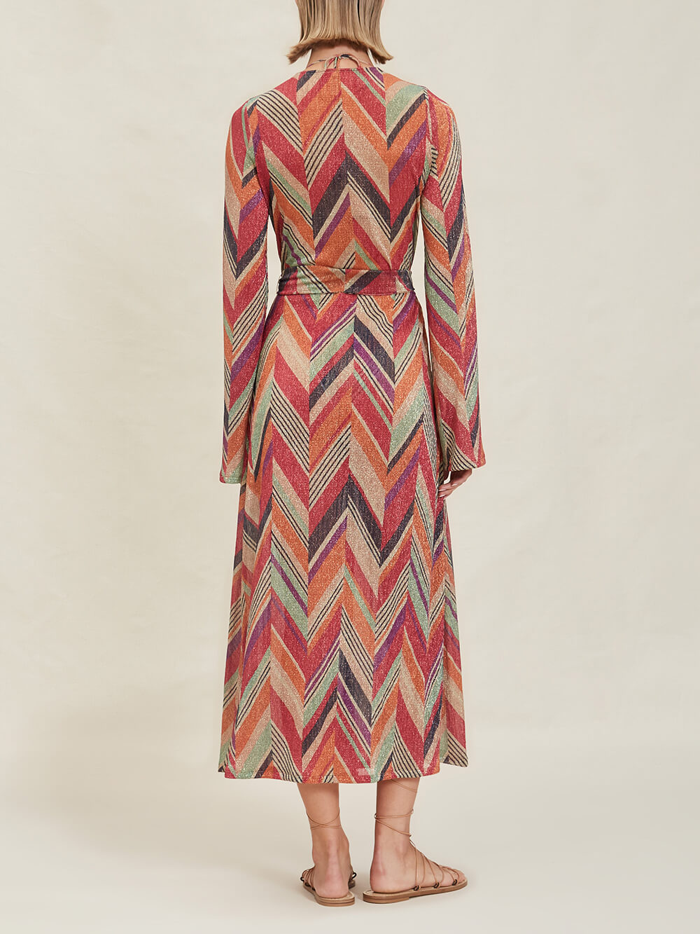 Geometric-Print Bell-Sleeve Midi Dress