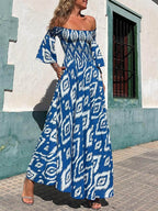 Printed Smocked Maxi Dress with an Off-Shoulder Neck