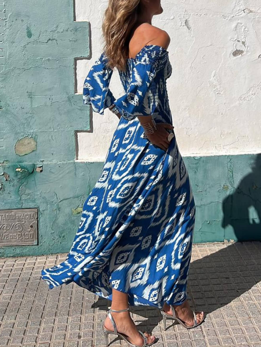 Printed Smocked Maxi Dress with an Off-Shoulder Neck
