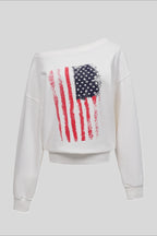 Off-Shoulder Flag-Graphic Distressed Tee