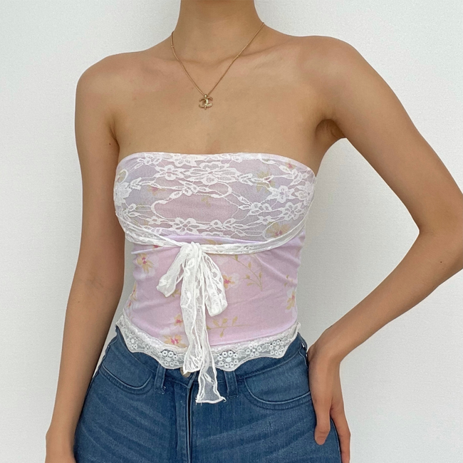 Floral Strapless Sheer Top with Lace Details Main image