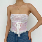 Floral Strapless Sheer Top with Lace Details
