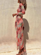 Tie-Dye Mesh Long-Sleeve Midi Dress with Ruched Details