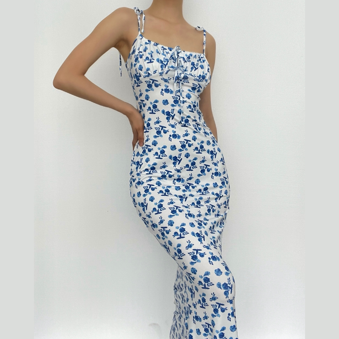 Floral Mermaid Maxi Dress with an Open Back