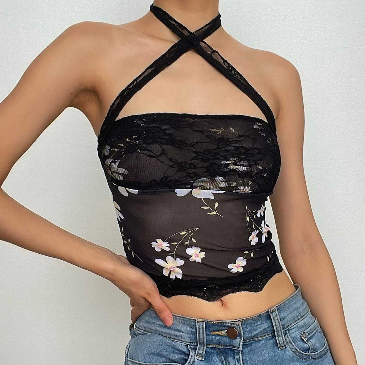 Floral Strapless Sheer Top with Lace Details