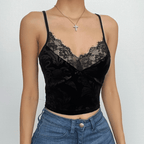 V-Neck Velvet Strappy Cami Top with Lace Details
