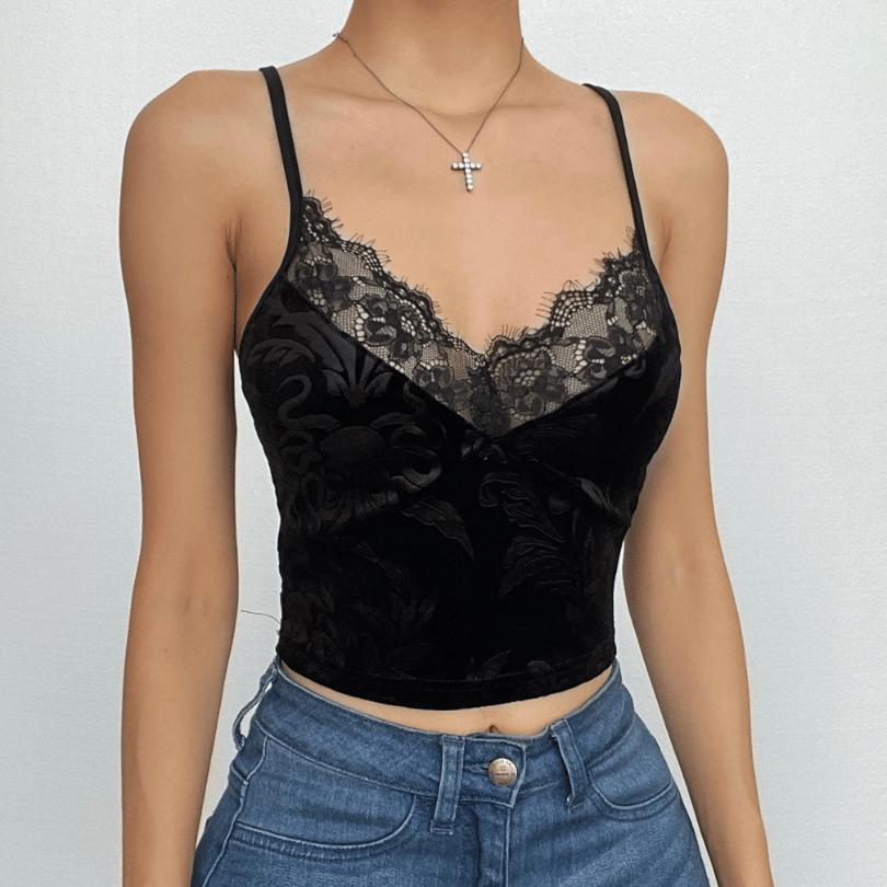 V-Neck Velvet Strappy Cami Top with Lace Details