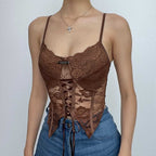 Open-Back Strappy Lace Cami Top with Lace-Up Details