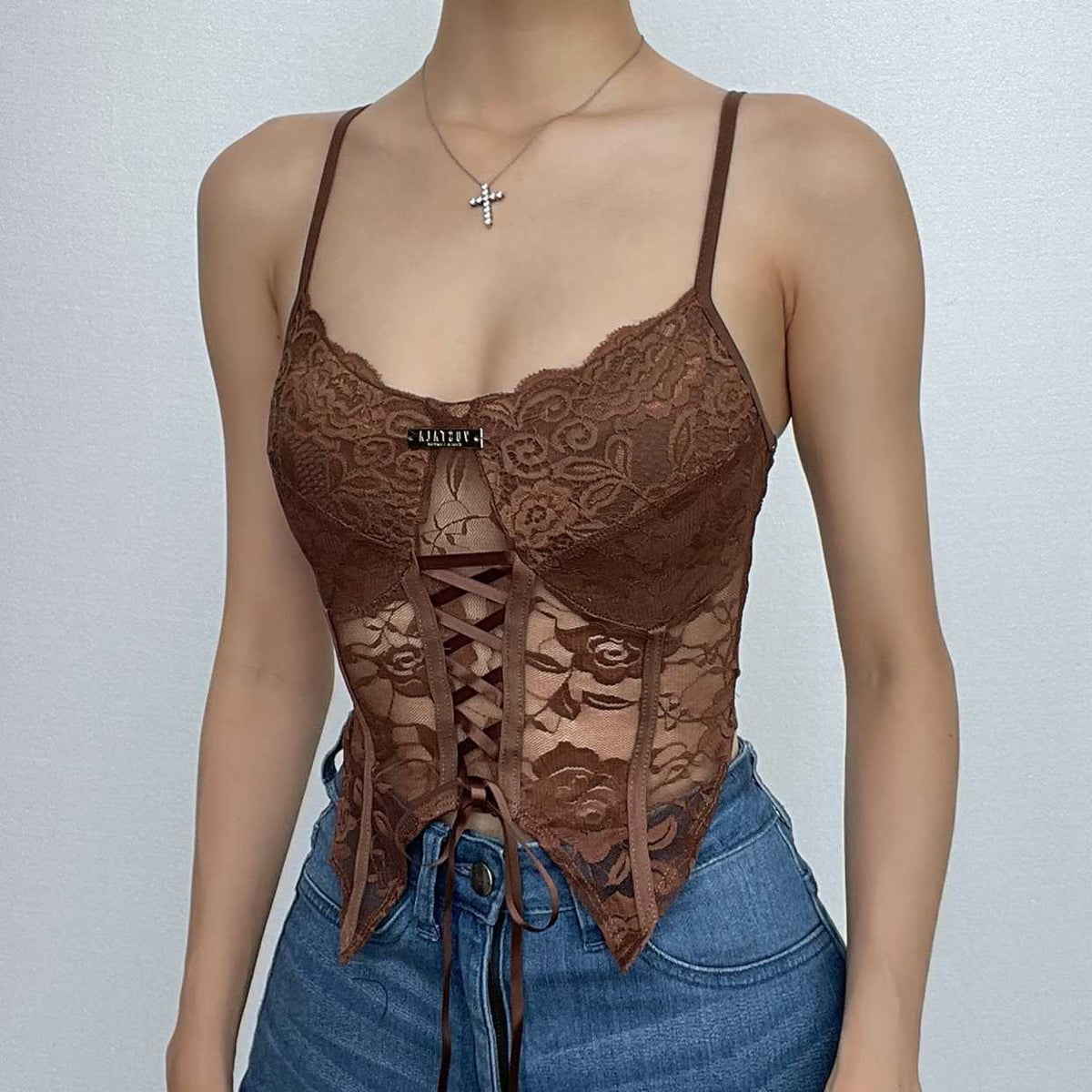 Open-Back Strappy Lace Cami Top with Lace-Up Details