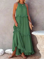 Halterneck Fitted Maxi Dress with Ruffle Details