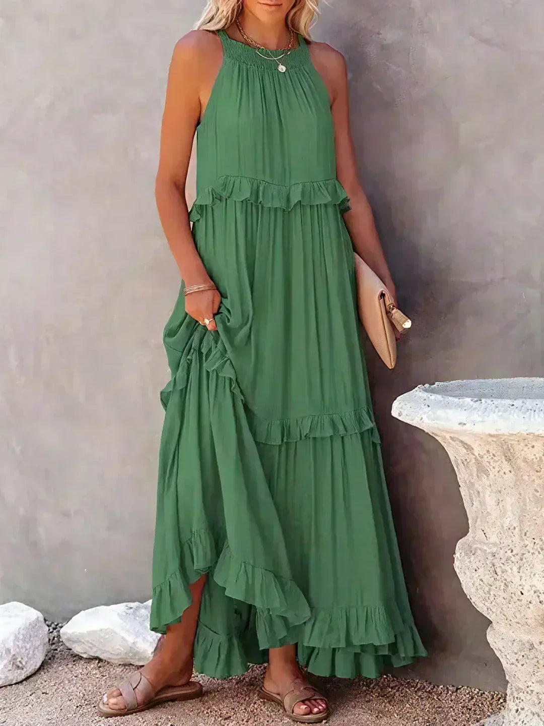 Halterneck Fitted Maxi Dress with Ruffle Details