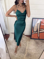 Satin Spaghetti-Strap Midi Dress with a One-Shoulder Cut