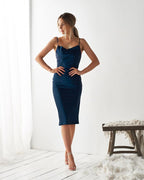 Satin Spaghetti-Strap Midi Dress with a One-Shoulder Cut