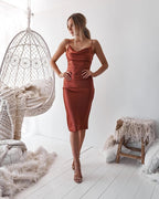 Satin Spaghetti-Strap Midi Dress with a One-Shoulder Cut