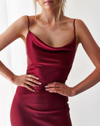 Satin Spaghetti-Strap Midi Dress with a One-Shoulder Cut