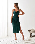 Satin Spaghetti-Strap Midi Dress with a One-Shoulder Cut