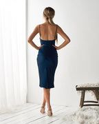 Satin Spaghetti-Strap Midi Dress with a One-Shoulder Cut