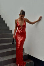 Plunging-V Mermaid Maxi Dress with Sequin Detail