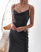 Satin Spaghetti-Strap Midi Dress with a One-Shoulder Cut