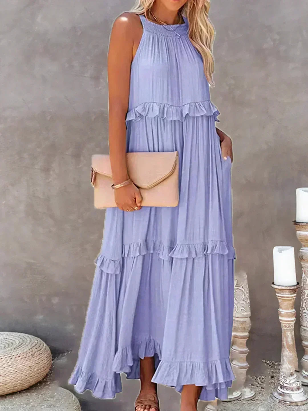 Halterneck Fitted Maxi Dress with Ruffle Details