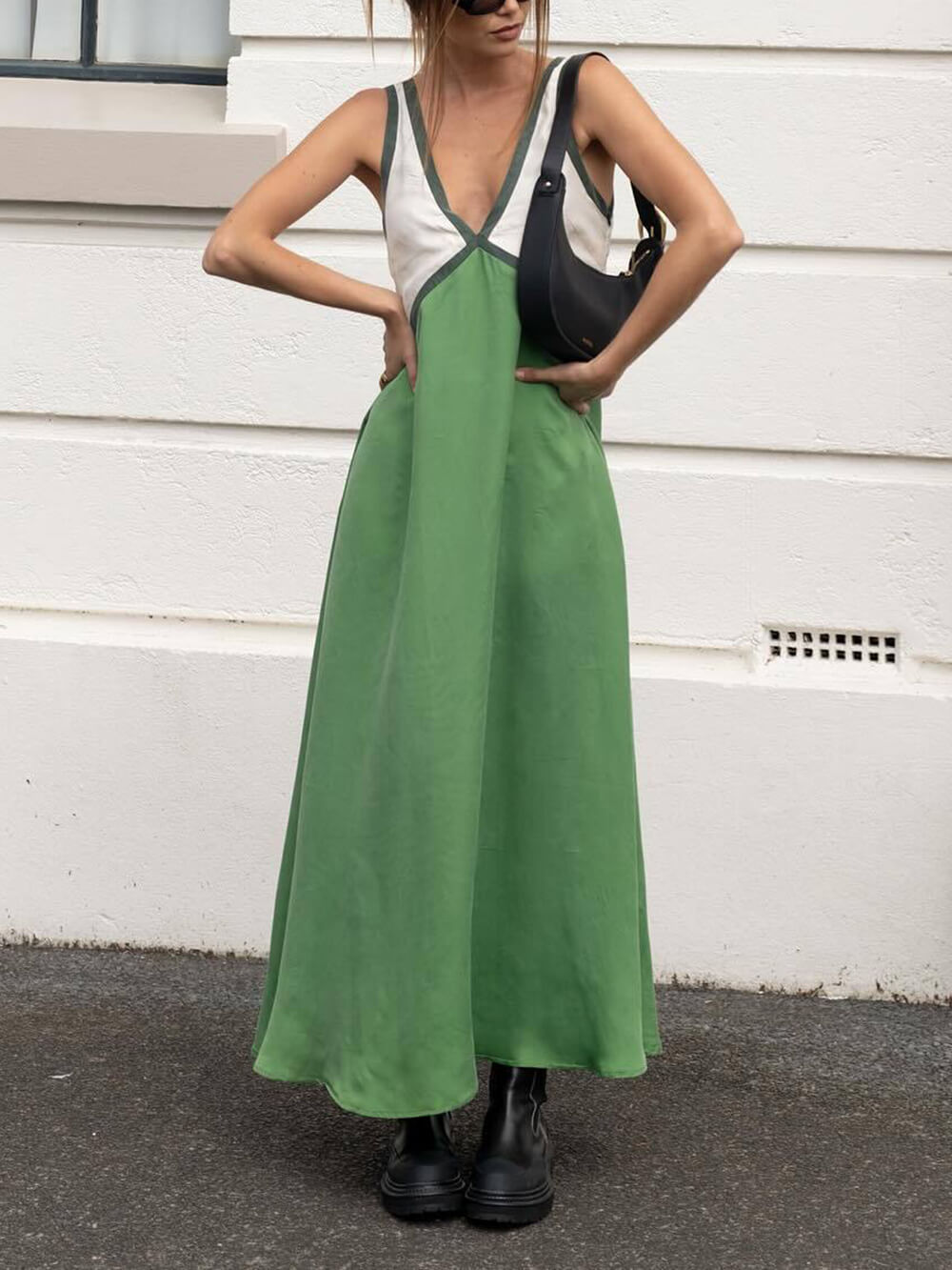Contrast-Detail Dress with a V-Neck
