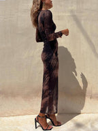 Tie-Dye Mesh Long-Sleeve Midi Dress with Ruched Details