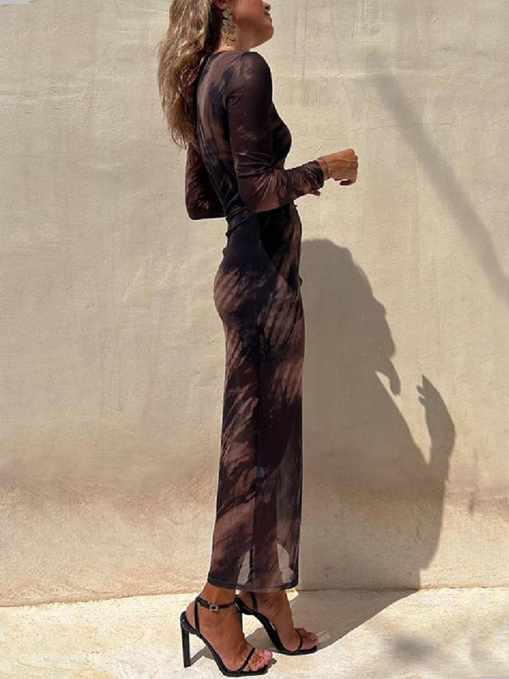Tie-Dye Mesh Long-Sleeve Midi Dress with Ruched Details