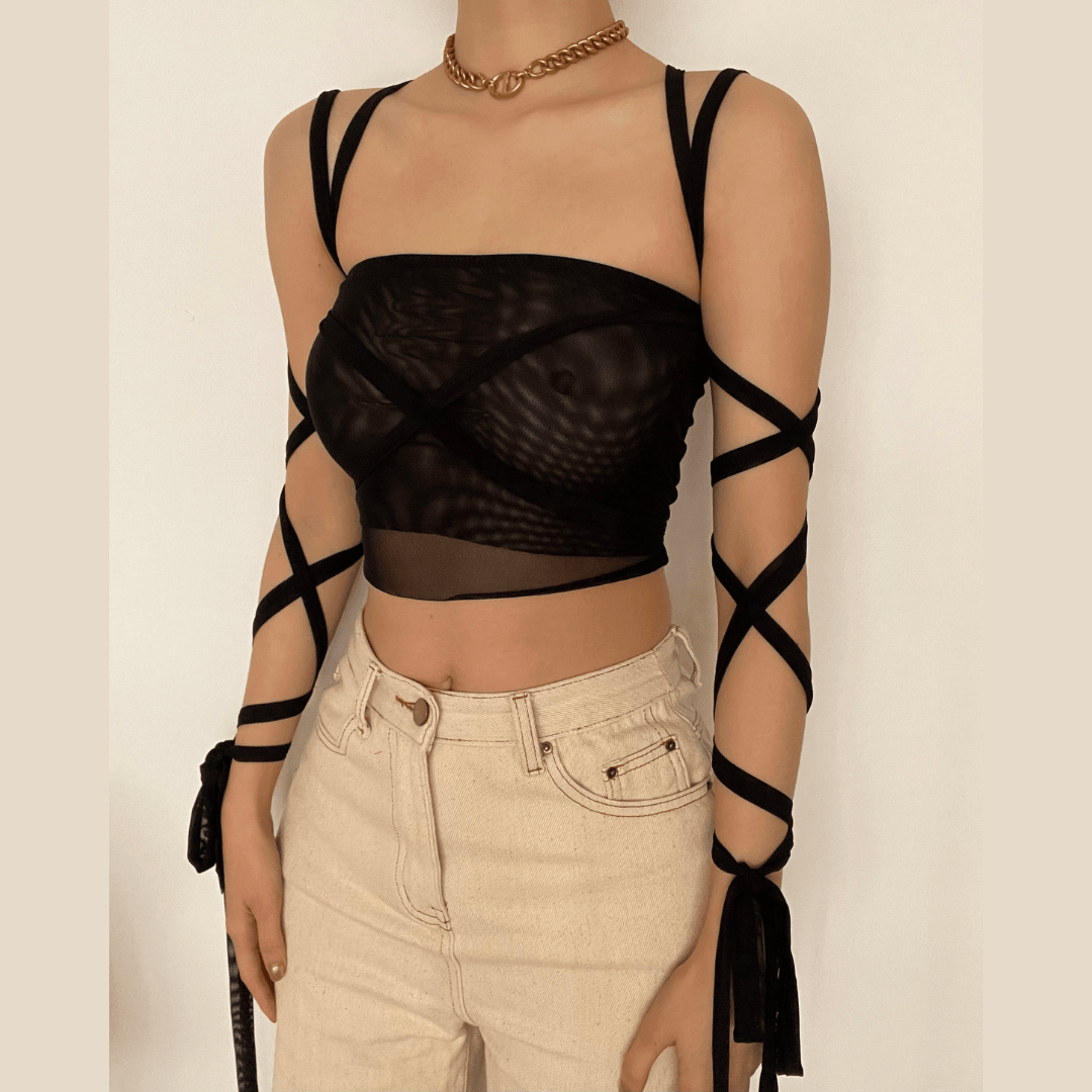 Strapless Bandage-Style Mesh Top with Lace-Up Details