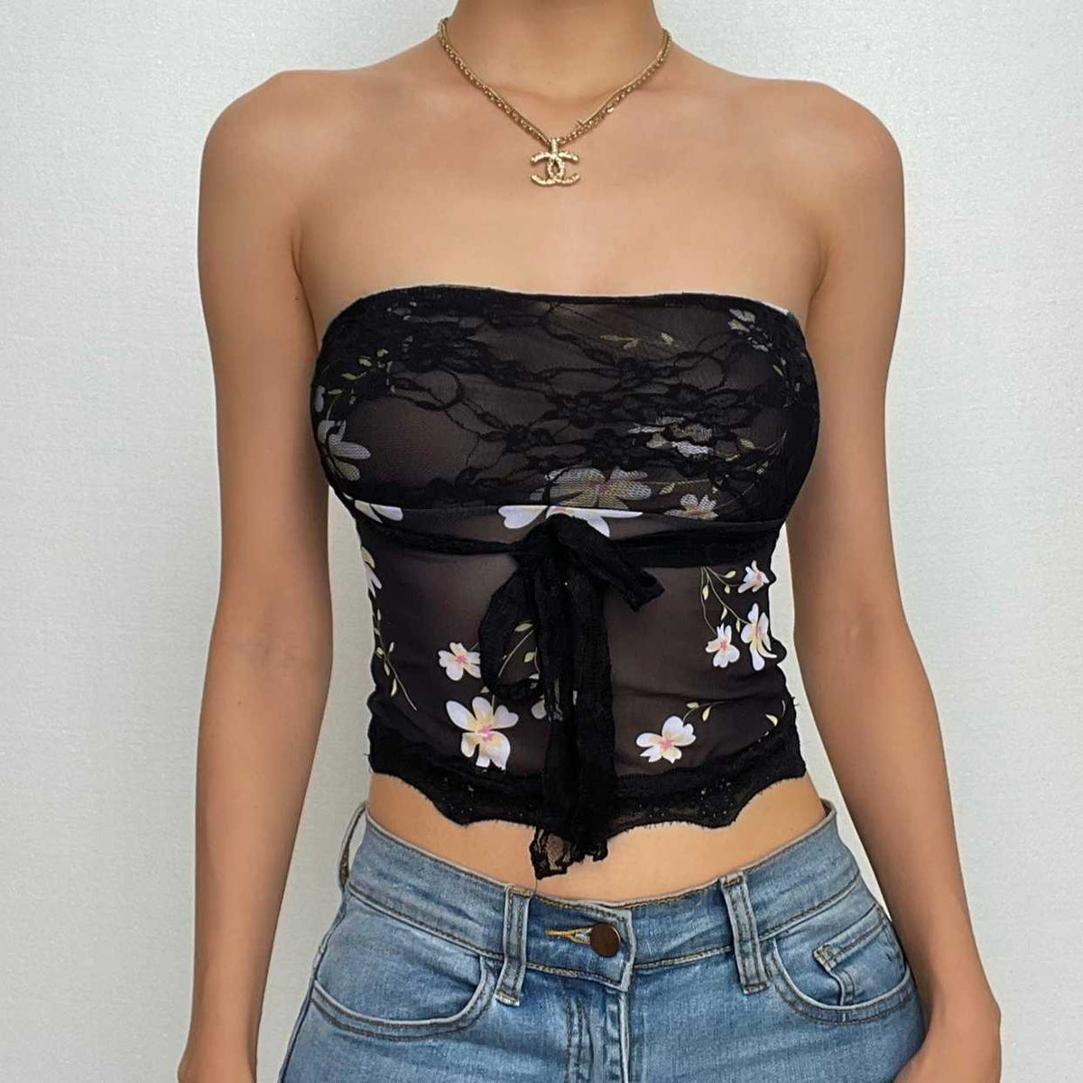 Floral Strapless Sheer Top with Lace Details