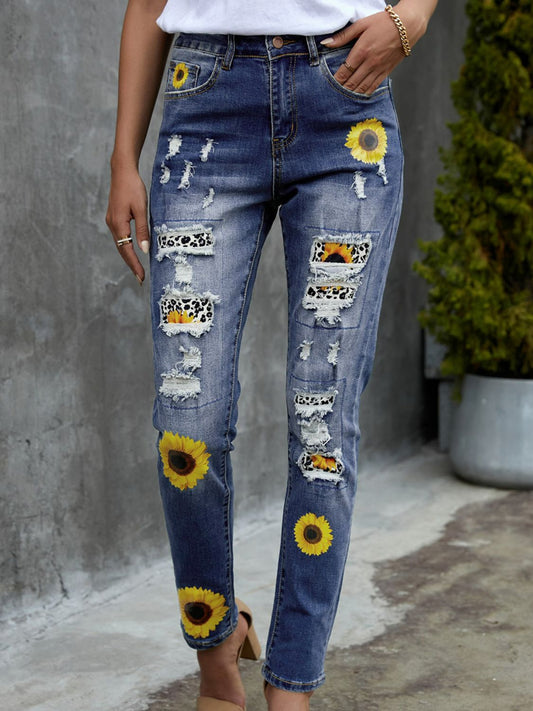 High Waist Distressed Leopard Patchwork Sunflower Print Jeans