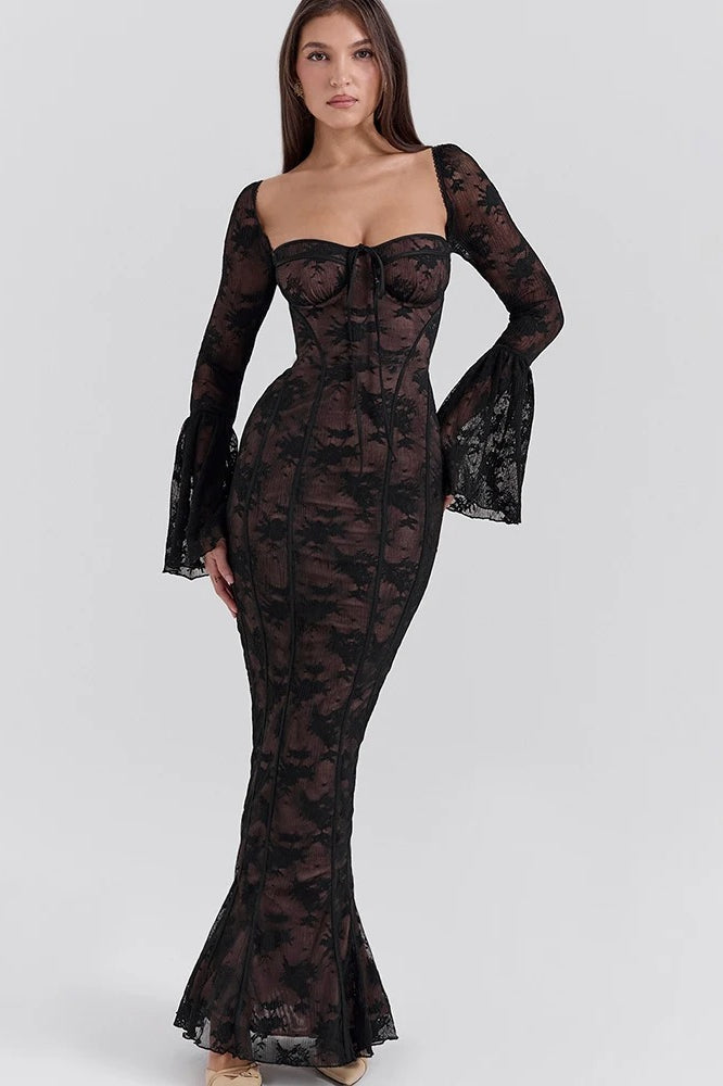 Long-Sleeve Maxi Dress with a Square Neck