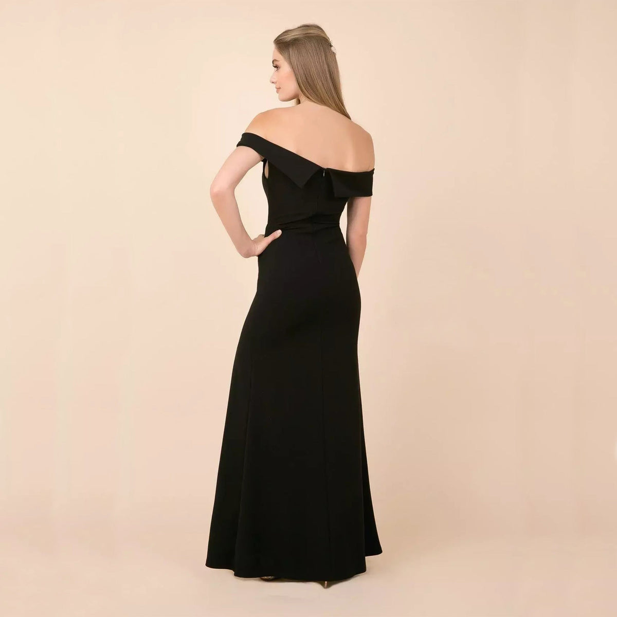 Slit-Detail Evening Midi Dress with an Off-Shoulder Neck