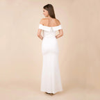 Slit-Detail Evening Midi Dress with an Off-Shoulder Neck