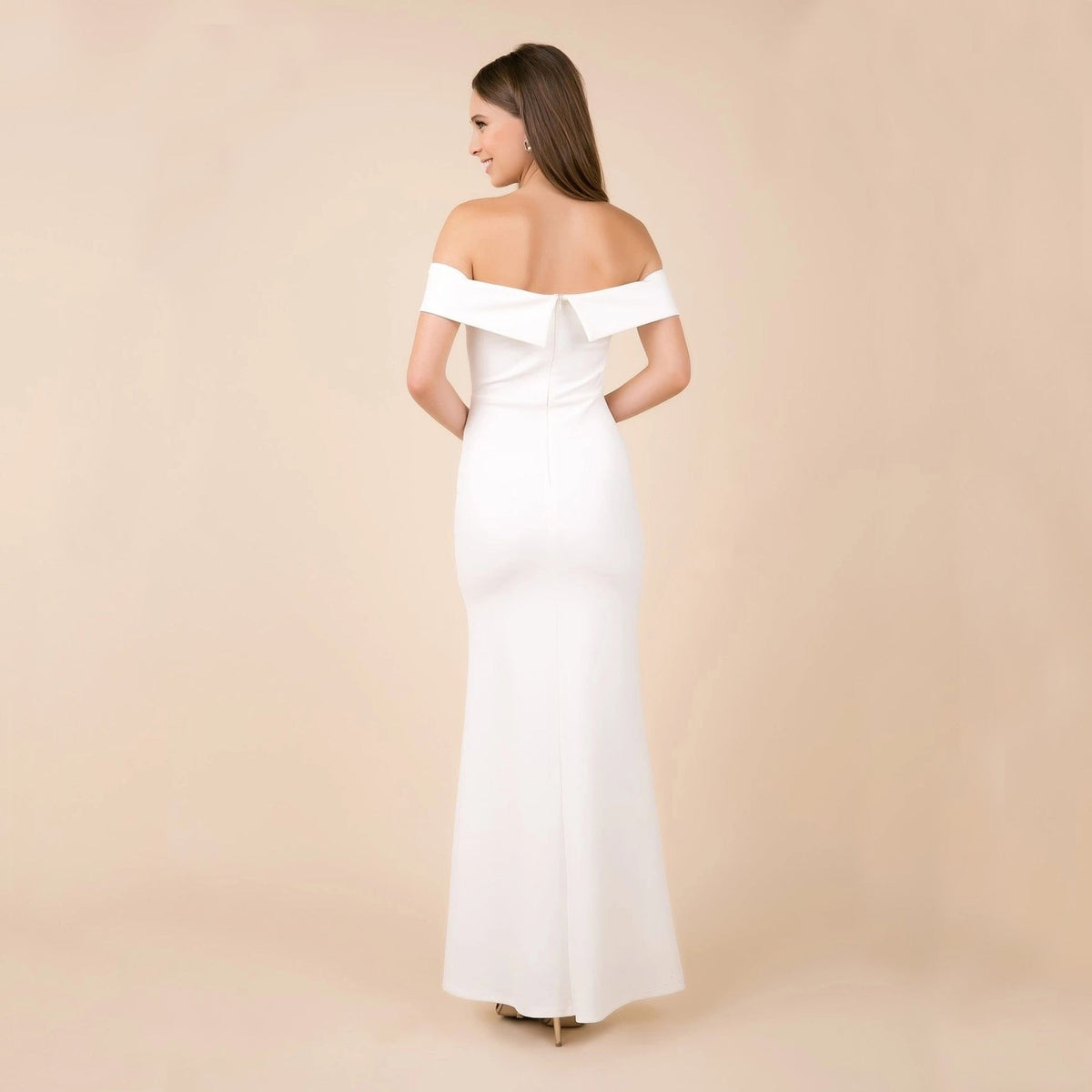 Slit-Detail Evening Midi Dress with an Off-Shoulder Neck