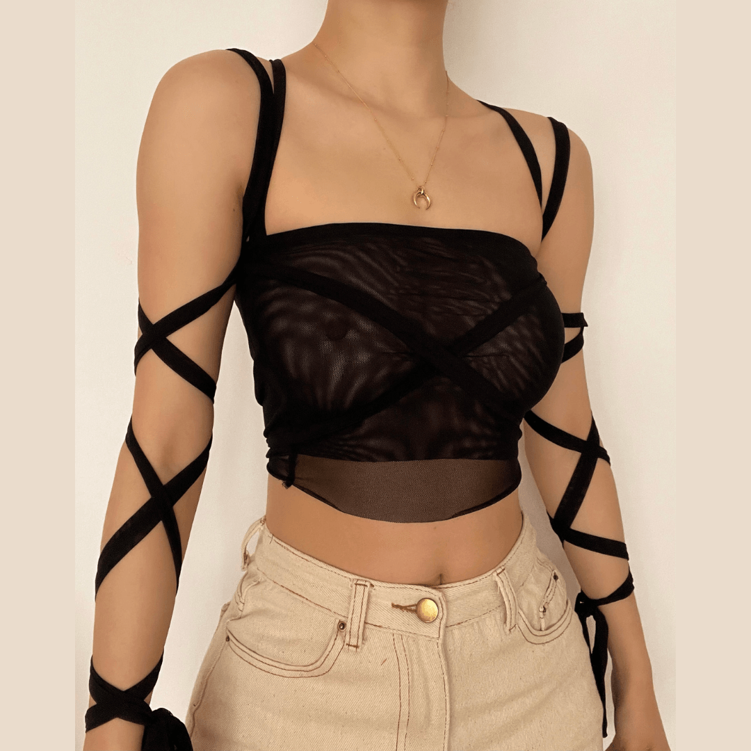 Strapless Bandage-Style Mesh Top with Lace-Up Details