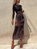 Tie-Dye Mesh Long-Sleeve Midi Dress with Ruched Details