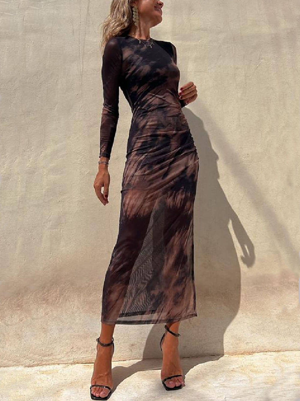 Tie-Dye Mesh Long-Sleeve Midi Dress with Ruched Details