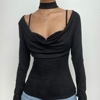 Cowl-Neck Strappy Long-Sleeve Two-Piece Set with Ruched Details