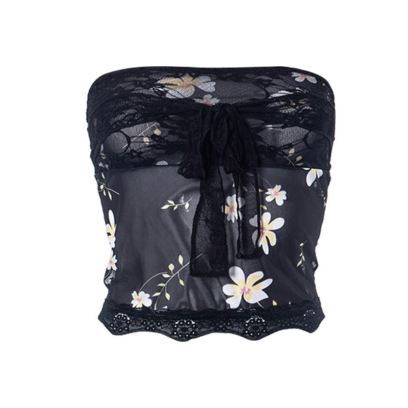 Floral Strapless Sheer Top with Lace Details