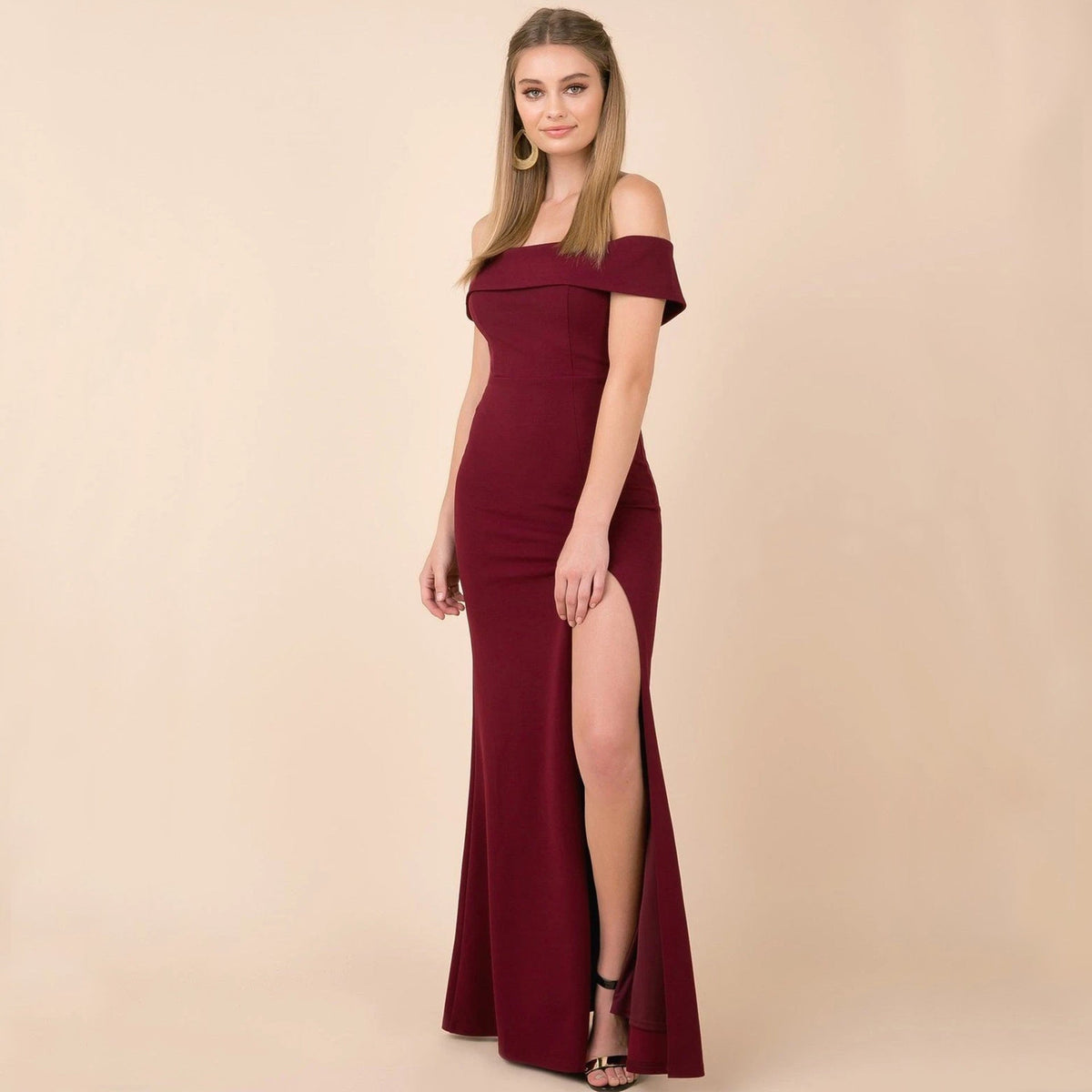 Slit-Detail Evening Midi Dress with an Off-Shoulder Neck