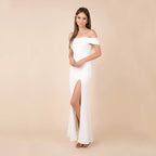 Slit-Detail Evening Midi Dress with an Off-Shoulder Neck