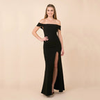 Slit-Detail Evening Midi Dress with an Off-Shoulder Neck