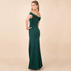 Slit-Detail Evening Midi Dress with an Off-Shoulder Neck