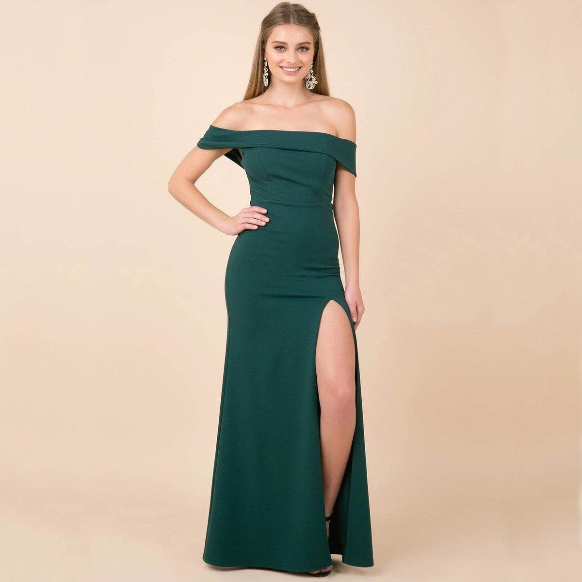 Slit-Detail Evening Midi Dress with an Off-Shoulder Neck
