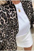 Animal-Print Zip-Front Lapel-Collar Coat