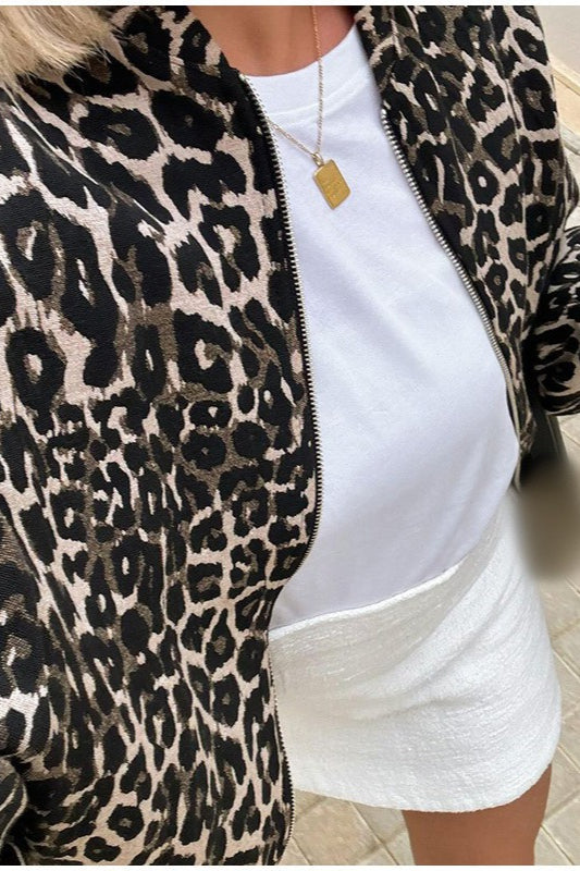 Animal-Print Zip-Front Lapel-Collar Coat
